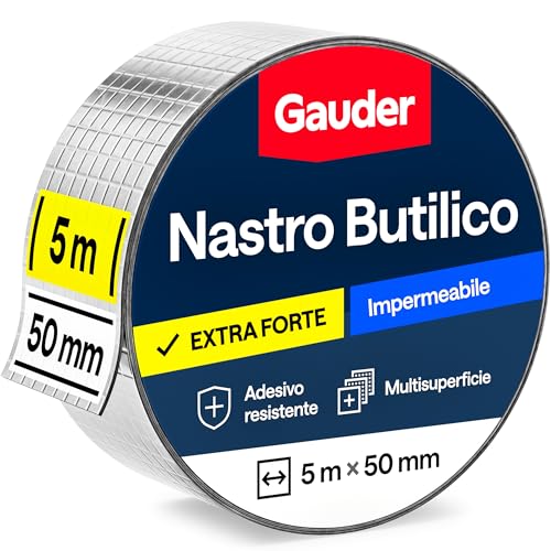 GAUDER Nastro Butilico impermeabile adesivo - Sigillante per grondaie - Nastro riparazione alluminio per tetti e camper (50 mm x 5 m)