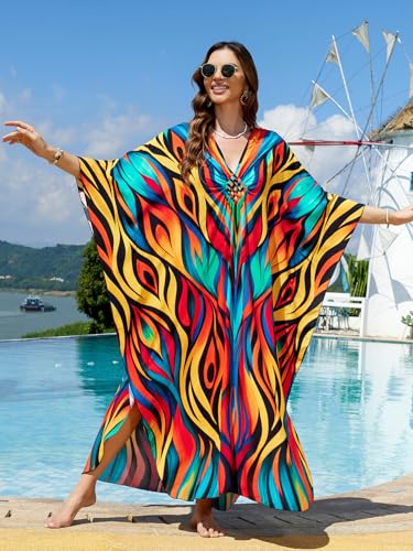 Image of IMAGEKOPE Women's Plus Size Animal Print V-Neck Batwing Kaftan Beach Dress Bathing Suit Cover-Up Loungewear
