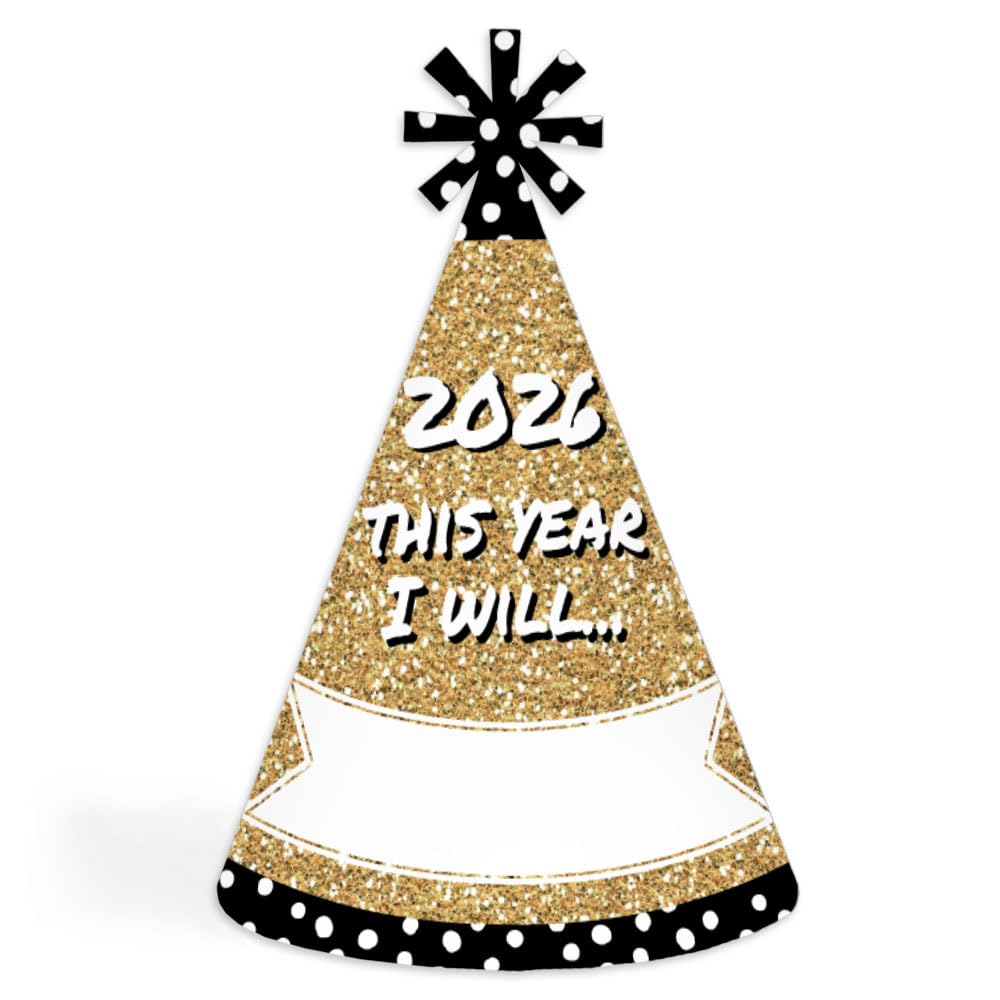 Big Dot of Happiness Pop, Fizz, Clink! - Cone Party Hats - 2026 New Year's Eve Resolution Cone Party Hat for Kids and Adults - Set of 8 (Standard Size