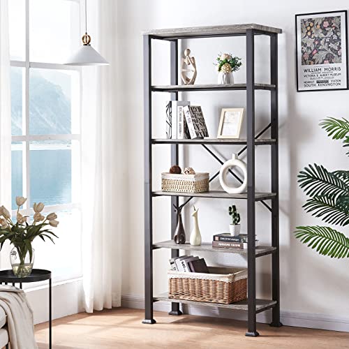 Hombazaar Bookshelf, 6-Tier Vintage Industrial Book Shelf, Rustic Wood And Metal Bookcase And Bookshelves, Free Standing Storage Large Bookshelf For Living Room, Bedroom And Kitchen, Grey Oak #TOP3