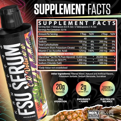Image of Inspired FSU Serum Liquid Glycerol, Stim Free Pre Workout Pump, Non Stim Preworkout, Caffeine Free, Stimulant Free, 20g GlycoClear, 2g Betaine Nitrate (Island Vibes)
