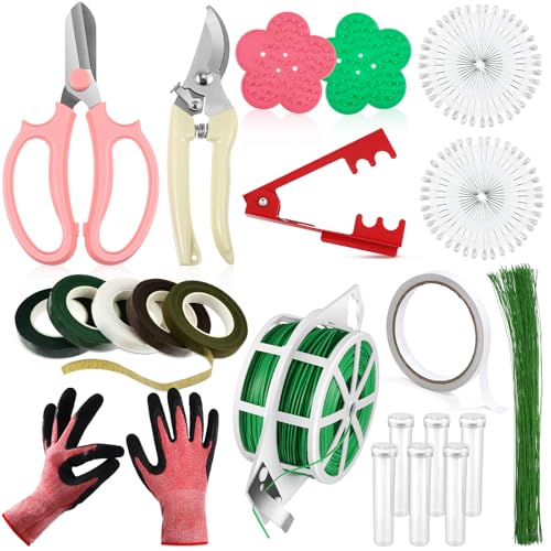 WILLBOND 121 Pcs Floral Arrangement Tool Kit, Rose Thorn Remover Pruner Trimmer Gloves 22/26 Gauge Paddle Tie Stem Pearl Corsage Pin Pruning Shears, Florist Tool Gift for Women(Bright Color)