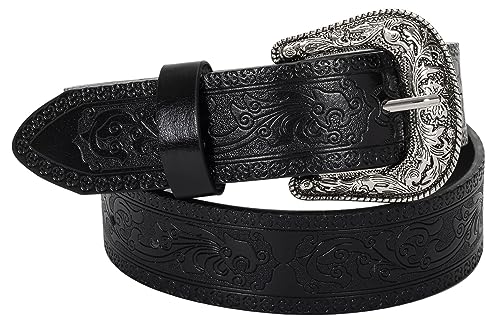 Western-Leather-Belts-Women Vintage Waist-Belts with Hollow Out Flower Buckle