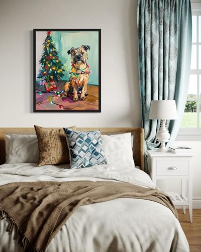 Image of Border Terrier Christmas Wall Black Framed Art Print Poster, Dog Pet Lover Picture Painting Artwork Bedroom Living Room Office Dining Room 150D (Border Terrier Christmas, 14 inch L x 11 inch W, Black Frame)