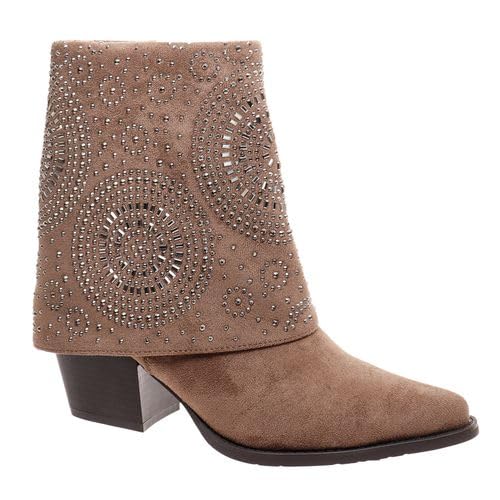 Pierre Dumas Footwear Womens Kaia-1 Fold Over Studded Cowboy Boot with 2 75-Inch Heel Taupe