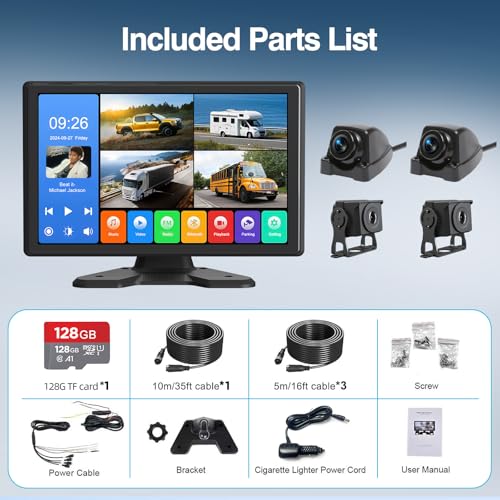 Image of 4 Channel Backup Camera System,Touchable 10.1 inch Monitor with DVR Loop Recording, IP69 Waterproof, Nightvision 1080P Camera for RV /Truck /Trailer Pickup, Wired (Cigarette Charger &128G)