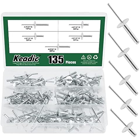 Keadic 135Pcs Aluminium Large Flange Rivets Set Cover