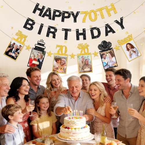Image of Guiruiy Black Gold 70th Birthday Decorations for Men Women, Pre-strung Glitter Happy 70th Birthday Hanging Photo Banner Party Supplies, Cheers to 70 Years Old Bday Banners