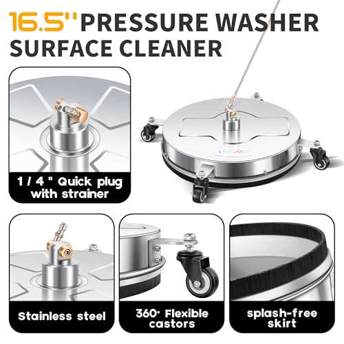 Image of 16.5 inch Pressure Washer Surface Cleaner with 4 Wheels - Stainless Steel Surface Cleaner for Pressure Washer Attachment for Concrete, Driveway, Patio, Sidewalk, Deck and Daily Washing - PWS16.5