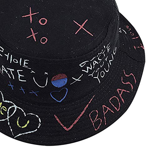 Harajuku Letters Graffiti Print Bucket Hat Men Women Sun Hat Hiphop Style Cap - Preto