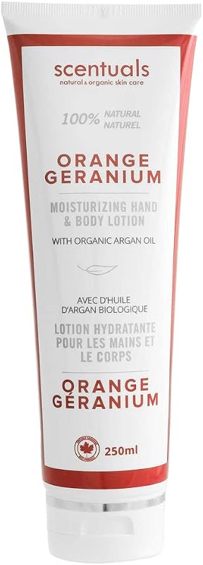 Creme para Mãos e Corpo Scentuals com óleos essenciais de laranja e gerânio, óleo de argan orgânico, óleo de oliva e suco de aloe vera, 250 mL