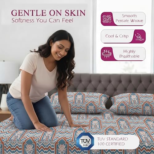 Image of Trance Home Linen 100% Cotton 144TC Elastic Fitted Bedsheet | Printed Single Size Bed Elasticated Fitted Bedspread with 1 Pillow Cover (72x36 inch, Mihrab Blue)