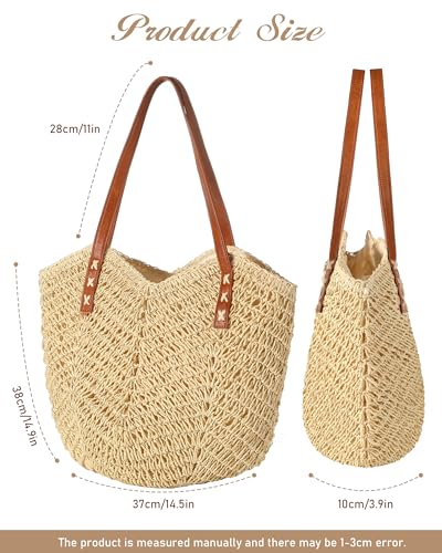 Image of Beach Bags for Women - Straw Bag with Zipper, Soft Woven beach bag, Casual Straw Shoulder Bag for Daily Use