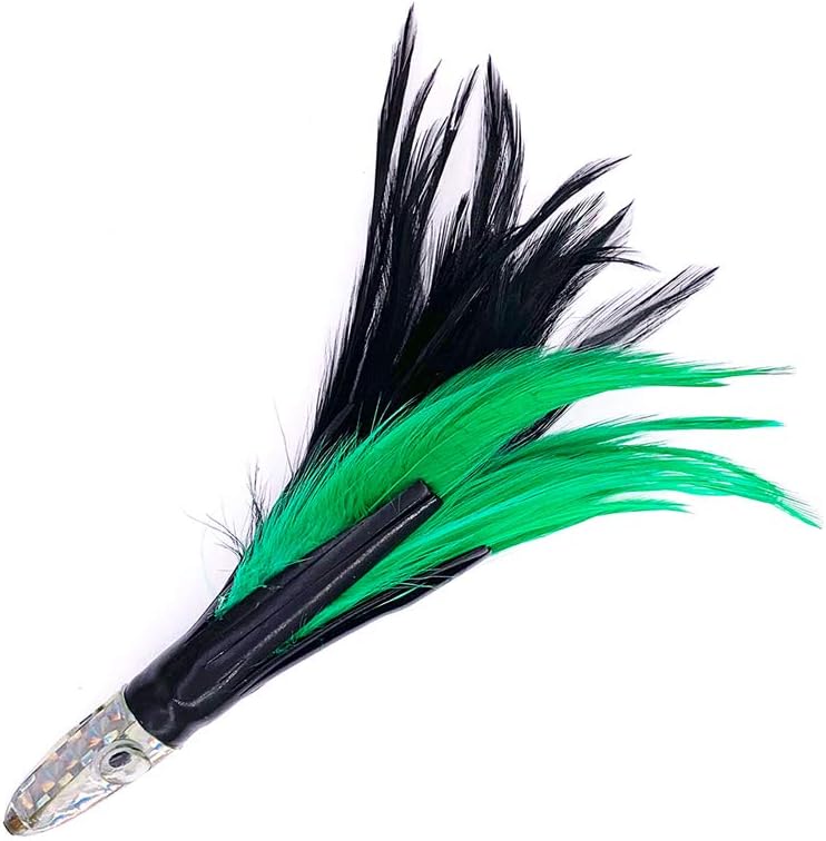 6" Tuna Feathers Black/Green - 6 Pieces Saltwater Trolling Lures | Deep Sea Fishing Lures for Tuna, Mahi & Wahoo