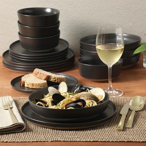 Image of Gibson Elite Overbrook 16-Piece Pottery Clay Stoneware Dinnerware Set - Black Reactive Glaze, Stackable Plates and Bowls W /Pasta Bowl, Service for 4 - Microwave & Dishwasher Safe