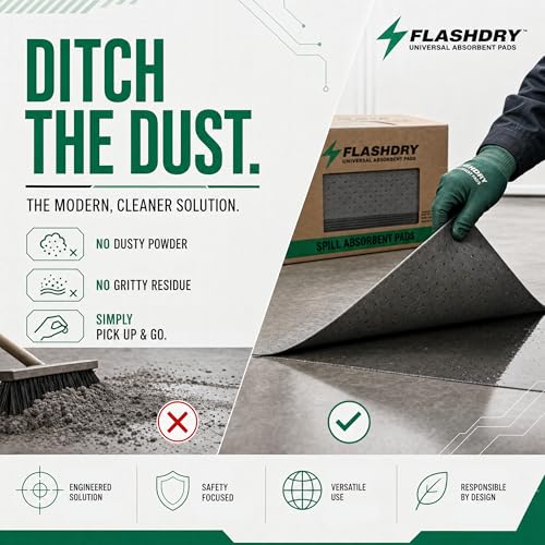 Image of FLASHDRY Universal Spill Absorbent Pads, 300-Count Dispenser Box, 17.5 inch x 13.5 inch, Absorbs Oil, Grease, Coolant & Solvents, for Garages, Warehouses, Factories & Industrial Facilities