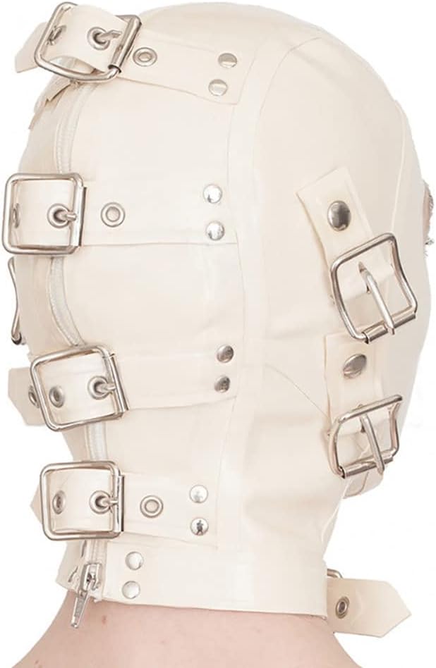 MONNIK Latex Hood Rivet Buckles Mask Eyes Blindfold and Mouth Plug with Zipper Handmade for Unisex Bodysuit Party Cosplay