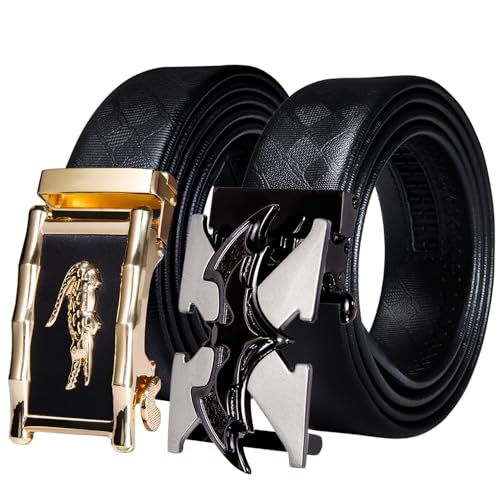 Barry.Wang 2PC Ratchet Belt for Men Bat Belt X Buckle,Gold Crocodile Buckles Genuine Leather Adjustable Casual 1 3/8