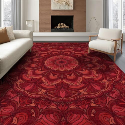 ODIKA 8'x10' Washable Flatwoven Rug, Red Bohemian Swirl Stain Resistant Extra Large Carpet Non-Slip Chair-Friendly Mat for Dining Room, Large Office, Lounge | Ref:2001456