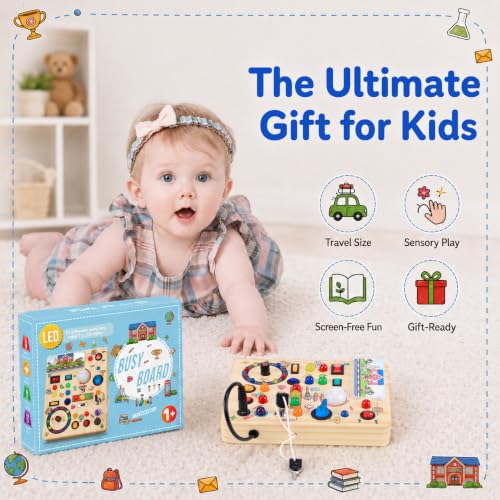 Image of Busy Board with LED Light Switches, Montessori Toys for 1 2 3 Years Old, Toddlers Wooden Toy Sensory Activity Board, Travel Toys for 1+ Year Old Boy & Girl Birthday Gift (School)