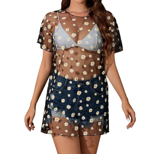 FYMNSI Women's Sexy Glitter Sheer Mesh Dress See Through Fishnet Dress Long T-Shirts Bikini Cover Up Beach Swimwear Clubwear