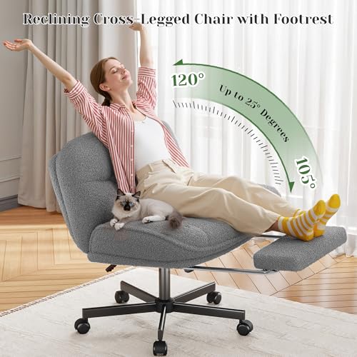 Image of DurayLoly Criss Cross Office Chair with Foot Rest, 6.3 inch Thick Cushioned Criss Cross Chair with Wheels, Height Adjustable Swivel Vanity Chair for All-Day Comfort (Grey)