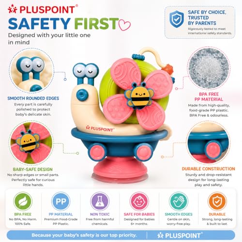 Image of PLUSPOINT 5-in-1 Baby Suction Spinner Toy Montessori Toys for Toddler Interactive Learning Set with Rattle and Sensory Play, Kids Travel Toys 6-12-18 Months Boy Girl Newborn Birthday Gift
