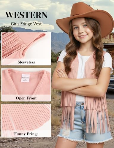 Image of Noomelfish Girls Faux Suede Fringe Vest Sleeveless Boho Tassels Jacket Cardigan (5-12 Years)
