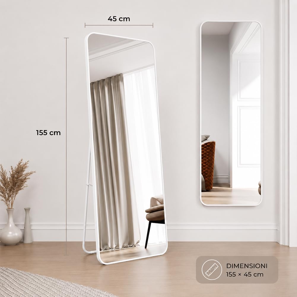 Shally Dogan Specchio da Terra e da Muro Rettangolare, Stand Autoportante Indipendente e da Parete, Decorazione Interna, Design Minimal, Figura Intera e Cornice in Alluminio, 155 x 45 cm, Bianco