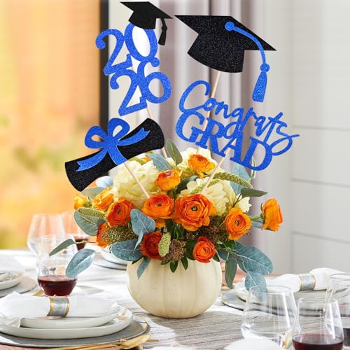 Image of 20 PCS 2026 Graduation Party Decorations Set, Class of 2026 Double Sided Graduation Centerpiece Stick Glitter for Tables,Table Toppers,Party Accessories,Black /Blue