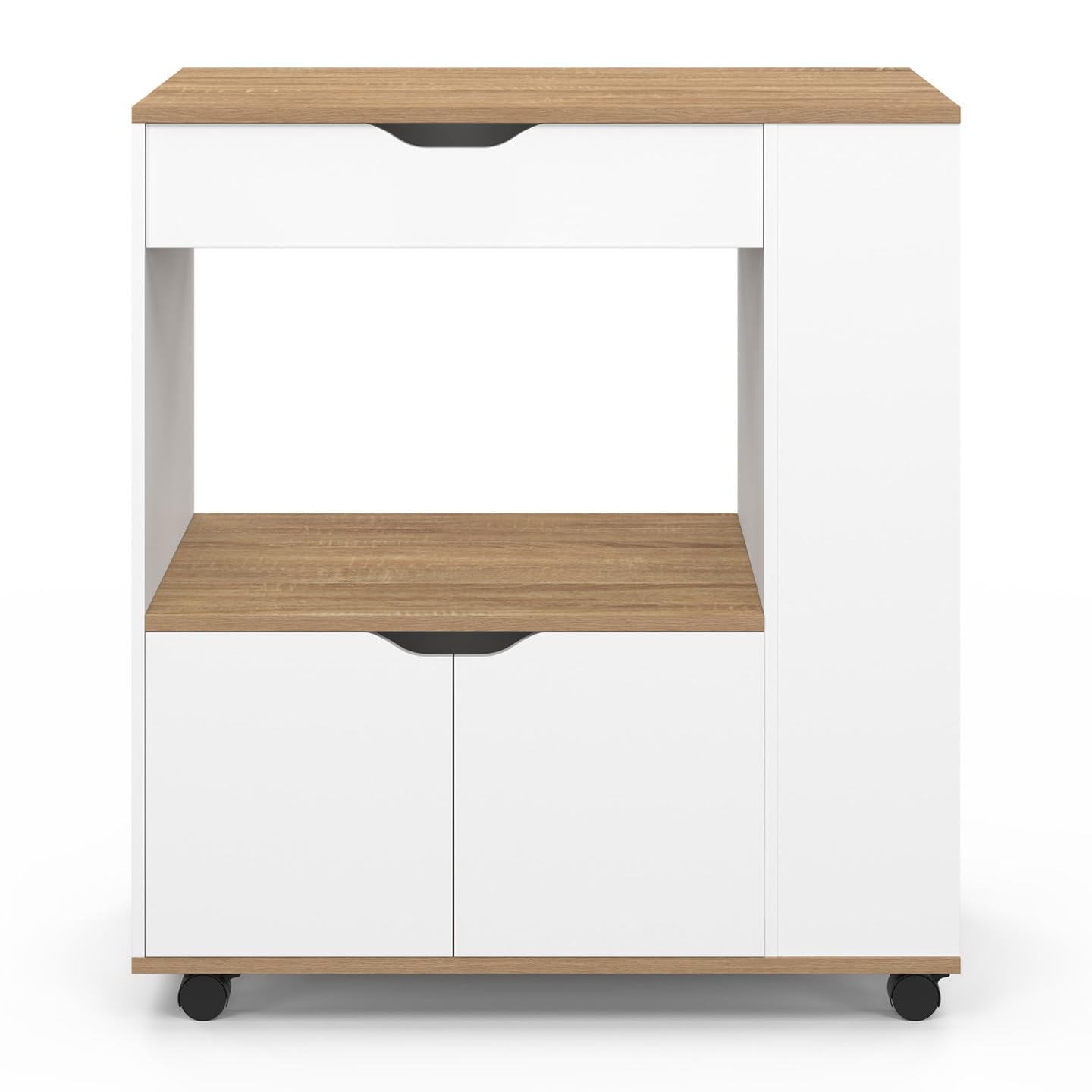 IDMarket - Mikrowellen-Küchenwagen COSI Schrank mit Schublade und Gewürzregal aus weißem Holz und Buchenholzplatten B.76 cm