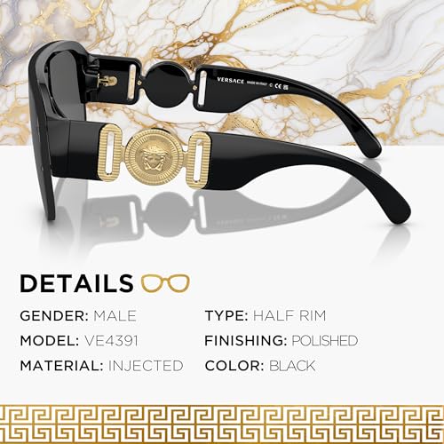 Versace VE4391 48mm Non-Polarized Oval Heart Sunglasses for Men – Black Injected Frame with Black Temples, 100% UV Protection, Lightweight & Comfortable Sunglasses, eShades Eyewear Kit Included2