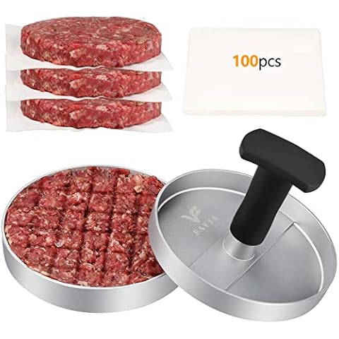 FAVIA Burger Press Patty Maker with 100 Wax Papers Set I Non-Stick Hamburger Meat Mold Ring for Beef Veggie Burger BBQ Barbecue Grill BPA Free Dishwasher Safe Cover
