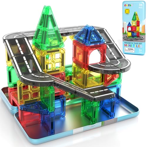 ORZbb Mini Magnetic Tiles Road with Case Toddler Travel Toys Trip Essentials Set Magnetic Building Blocks Toys for 3 4 5+ Year Old Boys Girls Montessori Sensory Learning Easter Birthday Gifts