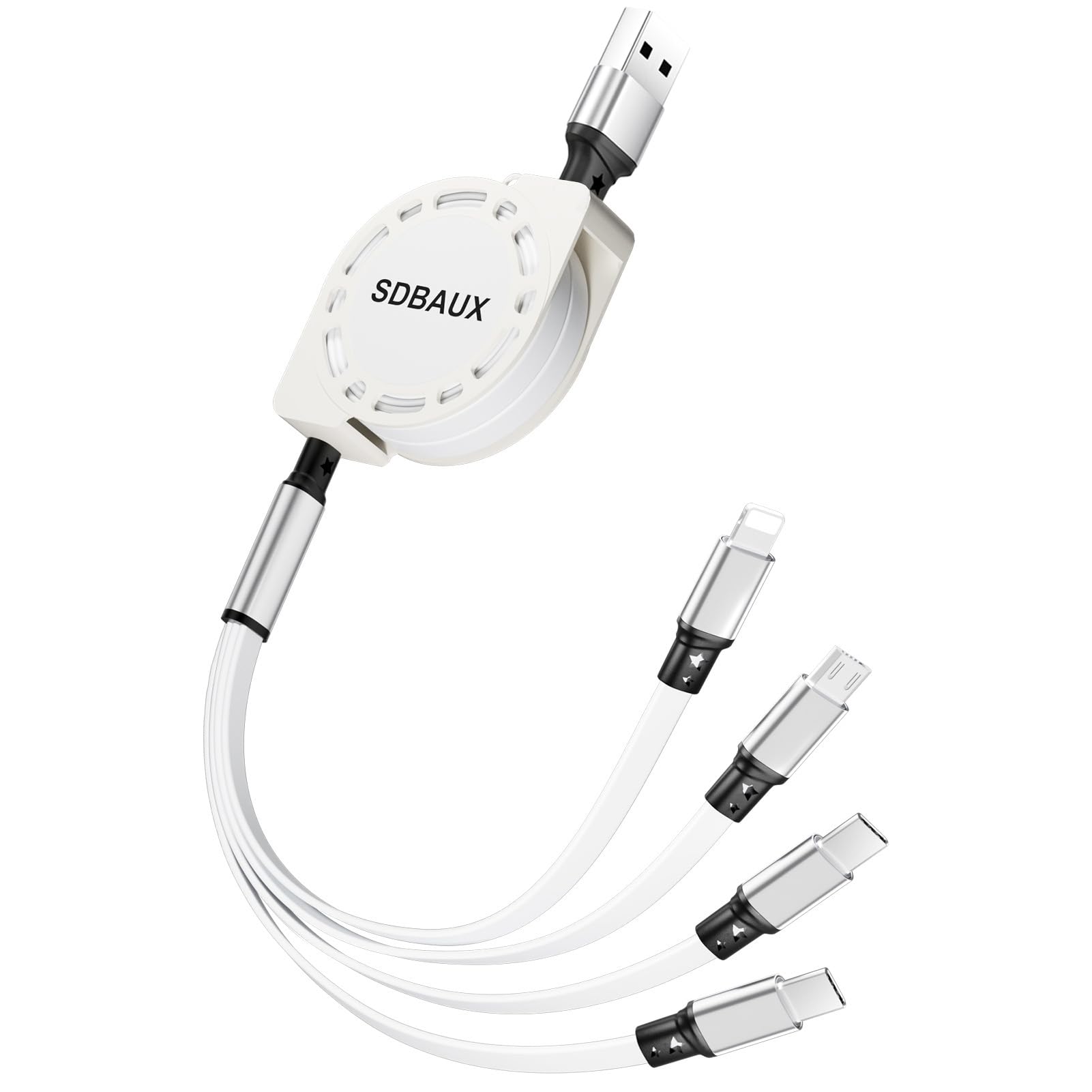 SDBAUX Multi Cavo 4 in 1 3A 1M, Cavo di Ricarica Rapida USB Retrattile Universale con Connettori 2 Tipo C/Phone/Micro USB, per Telefono iOS, Android Galaxy, Sony, OnePlus, Xiaomi, Hoor View, PS5