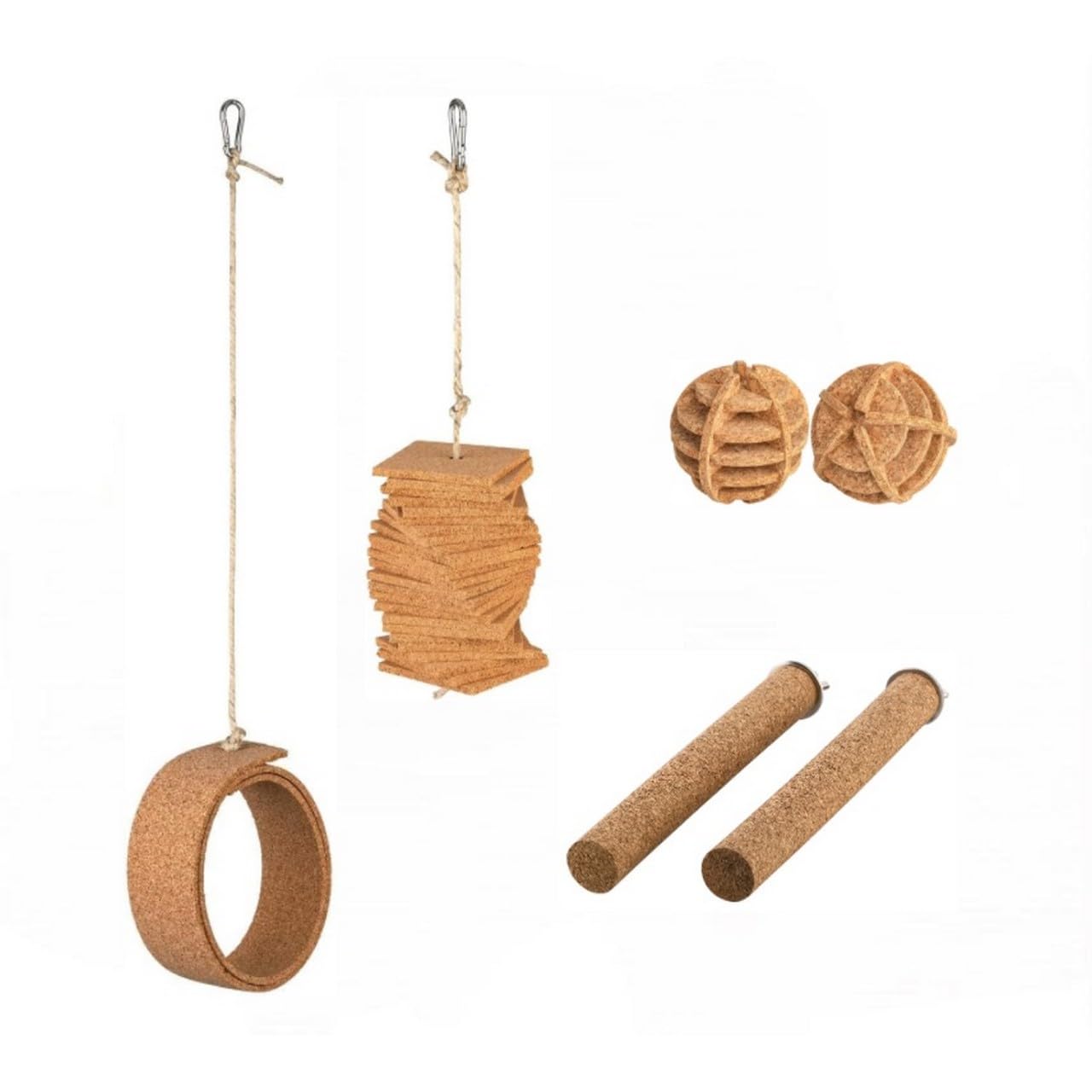 Set di 6 accessori per uccelli in sughero, seduta, altalena, giocattolo e cura naturale per uccelli, in sughero pressato, facile da montare, con sughero dal Portogallo