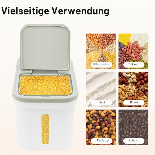 Futtertonne Reisbehälter 10KG, Futterbehälter mit Reistasse, Futteraufbewahrung für Hunde, Reisspender für Reis, Mehl, Cornflakes, Hundefutter, Katzenfutter, 22*38*23cm, Grün