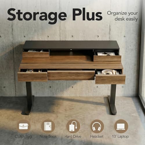 Image of ErGear Electric Standing Desk with 5 Solid Wood Drawers, 63 x 24 Inches Whole Piece Desktop, with Desktop Riser Stand, Compatible with C-Clamp Monitor Arms, Modern Office Desk, Dark Walnut