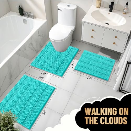 Image of OLANLY Thick Small Bathroom Rugs 24x16, Extra Soft Absorbent Chenille Striped Bath Rugs, Rubber Backing, Machine Wash, Bath Mats for Bathroom Floor, Tub and Shower, Home Decor Accessories, Teal