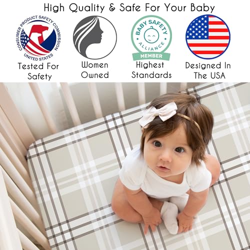 Image of Sweet Jojo Designs Fitted Baby Crib Sheets (Tan Gingham Plaid) for Boys or Girls, Infant Nursery, Toddler Room - Standard Size (Taupe, Checkered, Classic, Tartan, Gender Neutral, Rustic, Farmhouse)