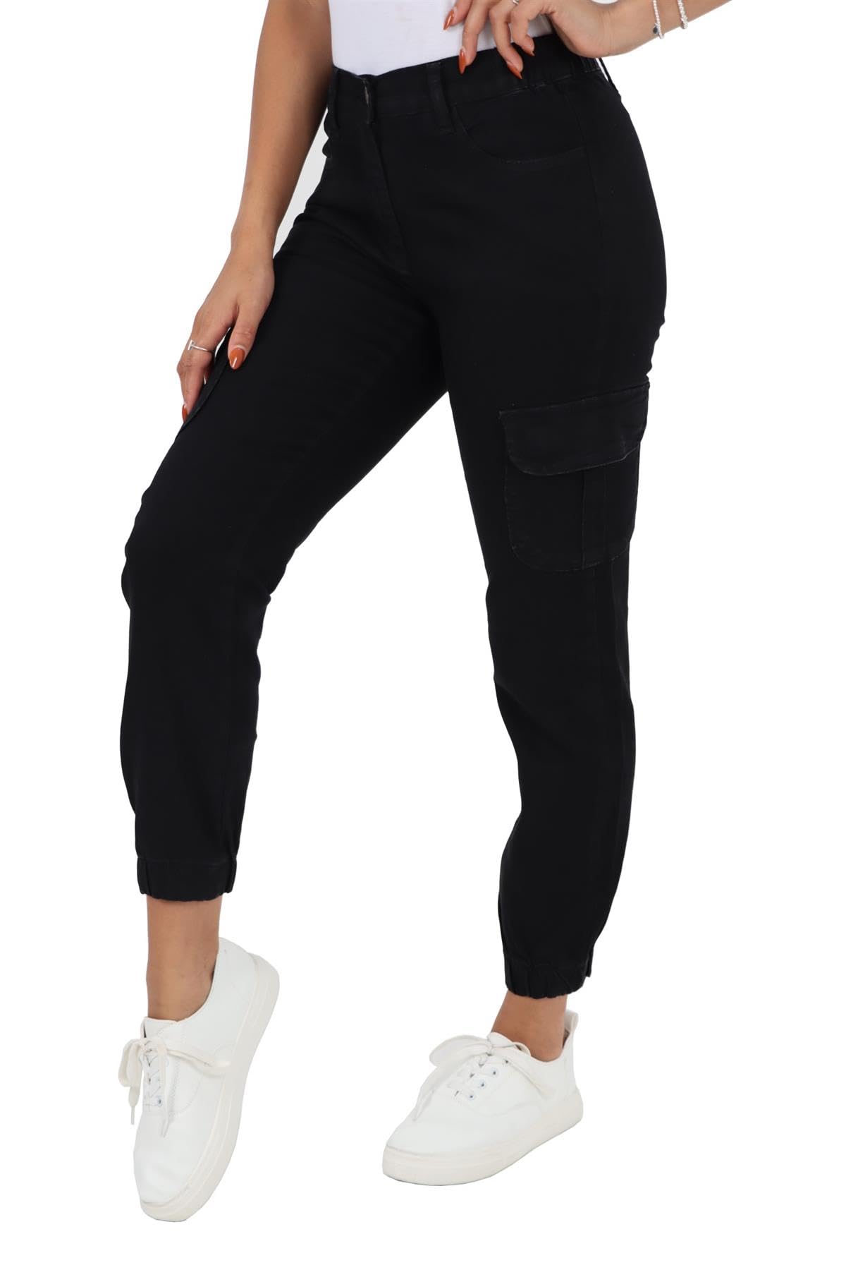 MYT Womens Side Elasticed Waist Jeans Ladies Cargo Self Cuffed Regular Fit Denim Trousers Black 22