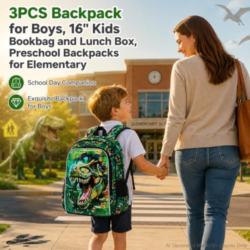 Image of Dinosaur Backpack, 16 inch Boys Kids Bookbag with Lunch Box, 3Pcs Dino School Backpacks for Elementary Preschool Kindergarten (Green)