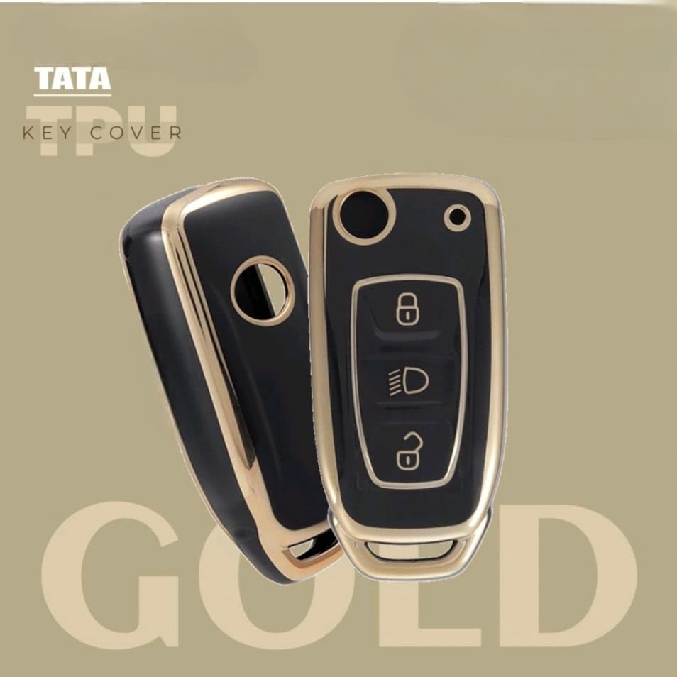 Image of TPU Car Key Cover Black & Golden Compatible for TATA Nexon, Punch, Altroz, Tigor, Tiago, Zets, Bolt, Hexa, Storme (TATA, 3 Button Flip Key)