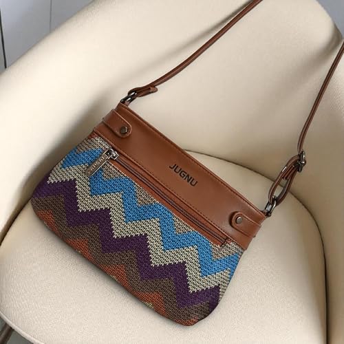 Image of JUGNU Sling Bag for Women, Jute Fabric, Crossbody Style, Slim Design, Multicolour, Medium Size, Lightweight, Adjustable Strap, Zipper Closure, 5 Pockets