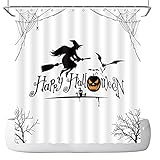 DePhoto Halloween Shower Curtain for Bathroom Witch Ride Broom Horrifying Cemetery Spider Web Scary Pumpkin Bat Dead Tree Poliester Fabric Decoration Water Proof with 12Hooks 72x72inch