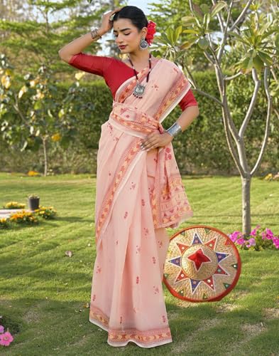 Image of SIRIL Women's Cotton Linen Mekhela Chador Printed Saree with Unstitched Blouse Piece