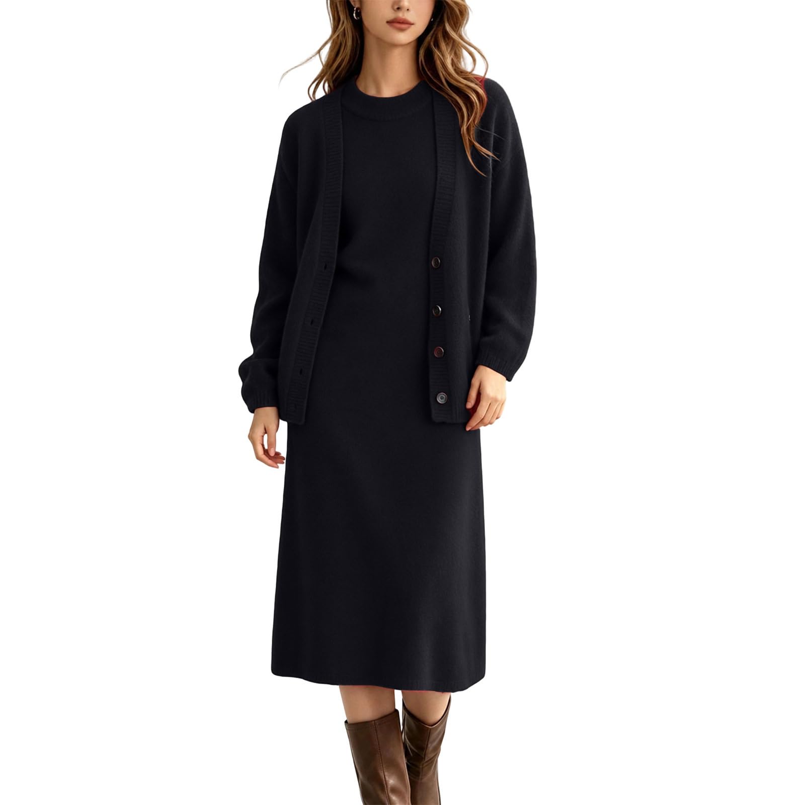 Conjunto de 2 piezas para mujer, manga larga, cuello redondo, vestido midi de punto con botones, cárdigan para otoño e invierno, cálido, cómodo, ajustado, traje de vestir