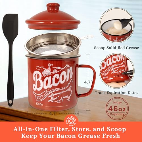 Image of Ayerphalo 42oz Enamel Bacon Grease Container with Strainer, Farmhouse Red