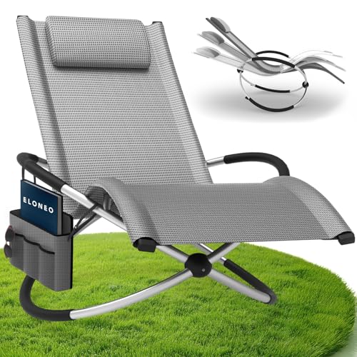 ELONEO Chaise Longue à Bascule Extérieure avec Pochette, Relax Fauteuil Jusqu’à 180 kg, Transat Bascule Jardin Résistant aux Intempéries, Bain de Soleil Balcon et...
