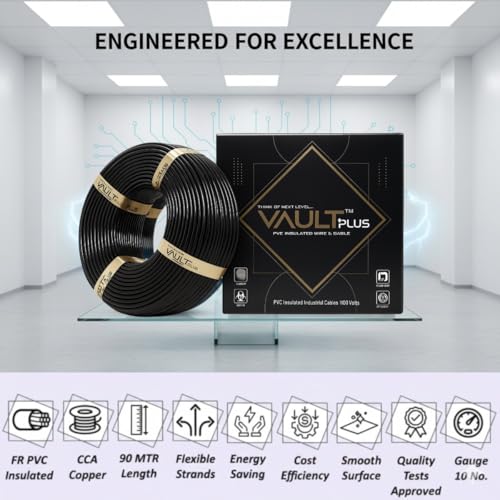 Image of VAULTPlus Black 0.75 Sq Mm Electrical Wire | 90 Meter Roll | Flexible Single Core CCA Copper Cable for Home & Industrial Wiring